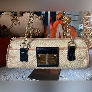 Ralph Lauren Vintage Rare Rafia & Croc Embossed Leather Chain Strap Shoulder Bag